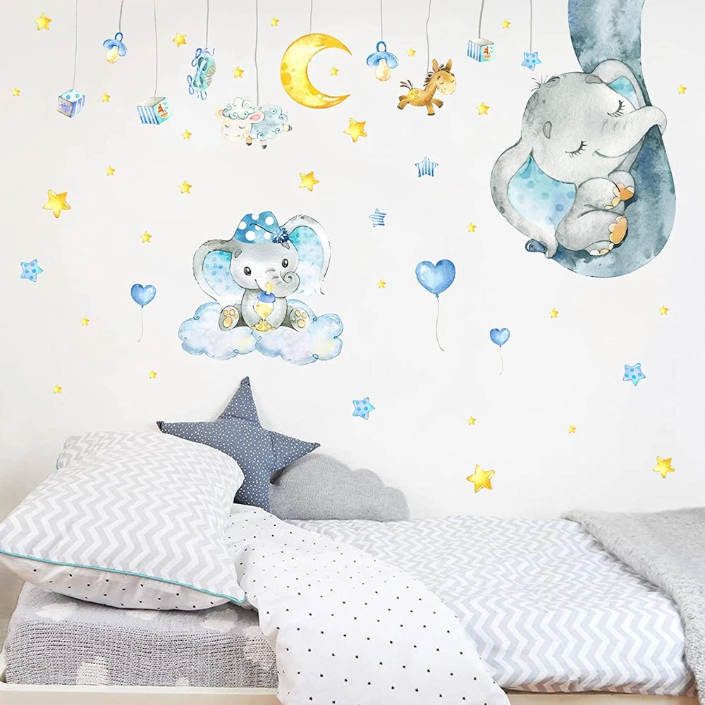

Creative Cartoon Blue Elephant Wall Sticker Moon Star Sticker for Bedroom Children's Room or Living Room Wall Decoration