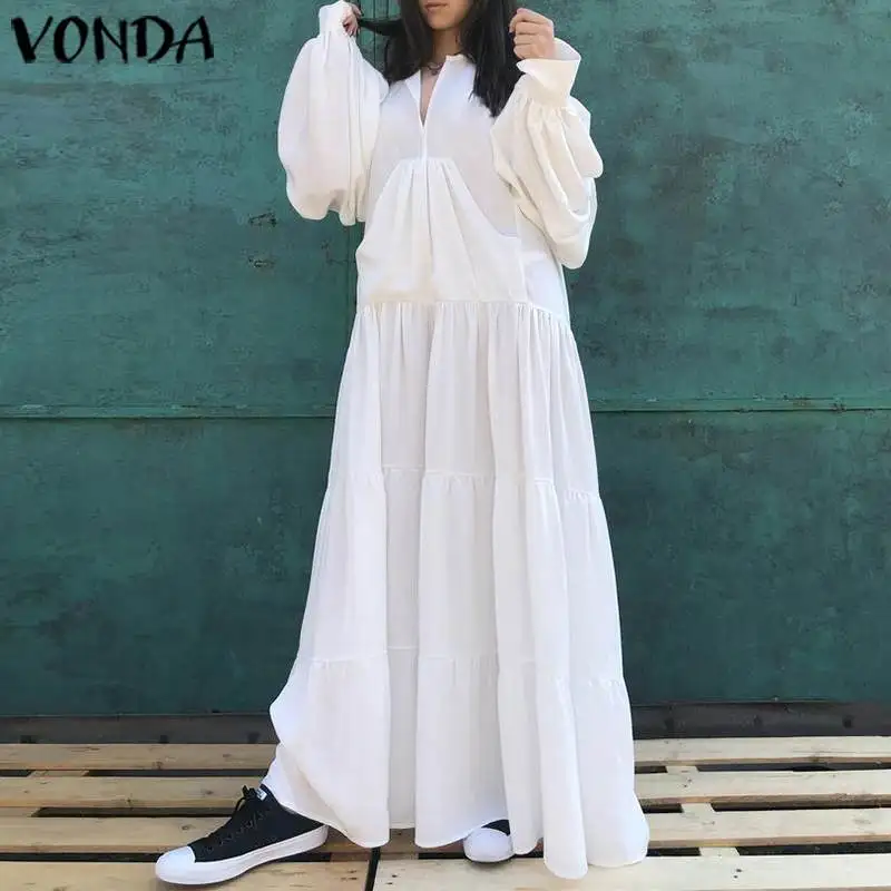 VONDA, винтажное макси платье,, женское, сексуальное, v-образный вырез, одноцветные платья размера плюс, богемный стиль, Vestidos Femme, для вечеринки, сарафан, 5XL Robe