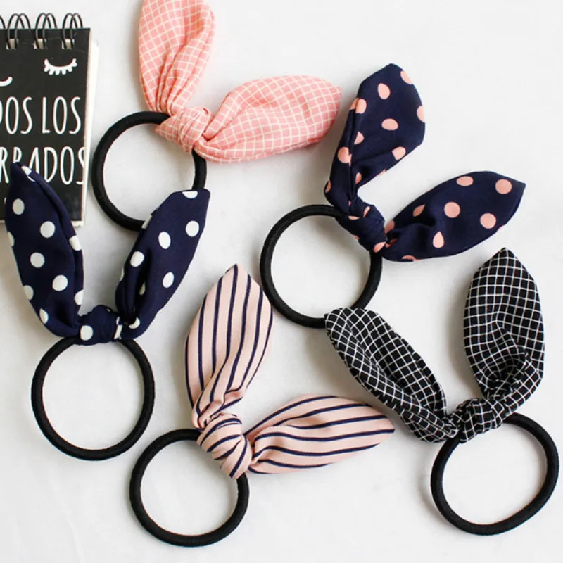 

Korean Sweet Girl Simple Cute Dot Stripes Fabric Rabbit Ears Rubber Band Hair Rope Fashion Children Ponytail Hair Accessories