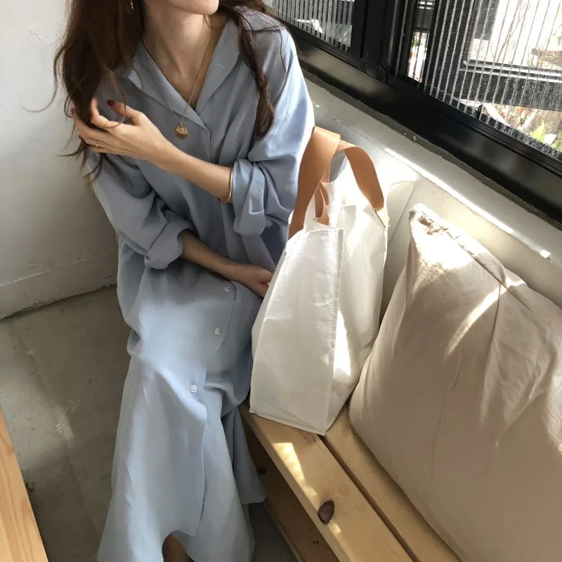 

New Women Casual Autumn Spring Basic Shirt Dress Long Single-breasted S~XL