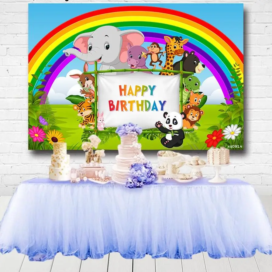 

Animals Safari Jungle Party Backdrops Big Rainbow Green Grassland Kids Birthday Photography Backgrounds Cartoon