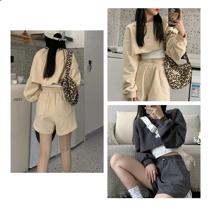 

2021 Summer Casual Loose Solid Elastic High Waist Sweat Shorts Womens All-Match Black Blue Short Pants With Pockets Streetwear
