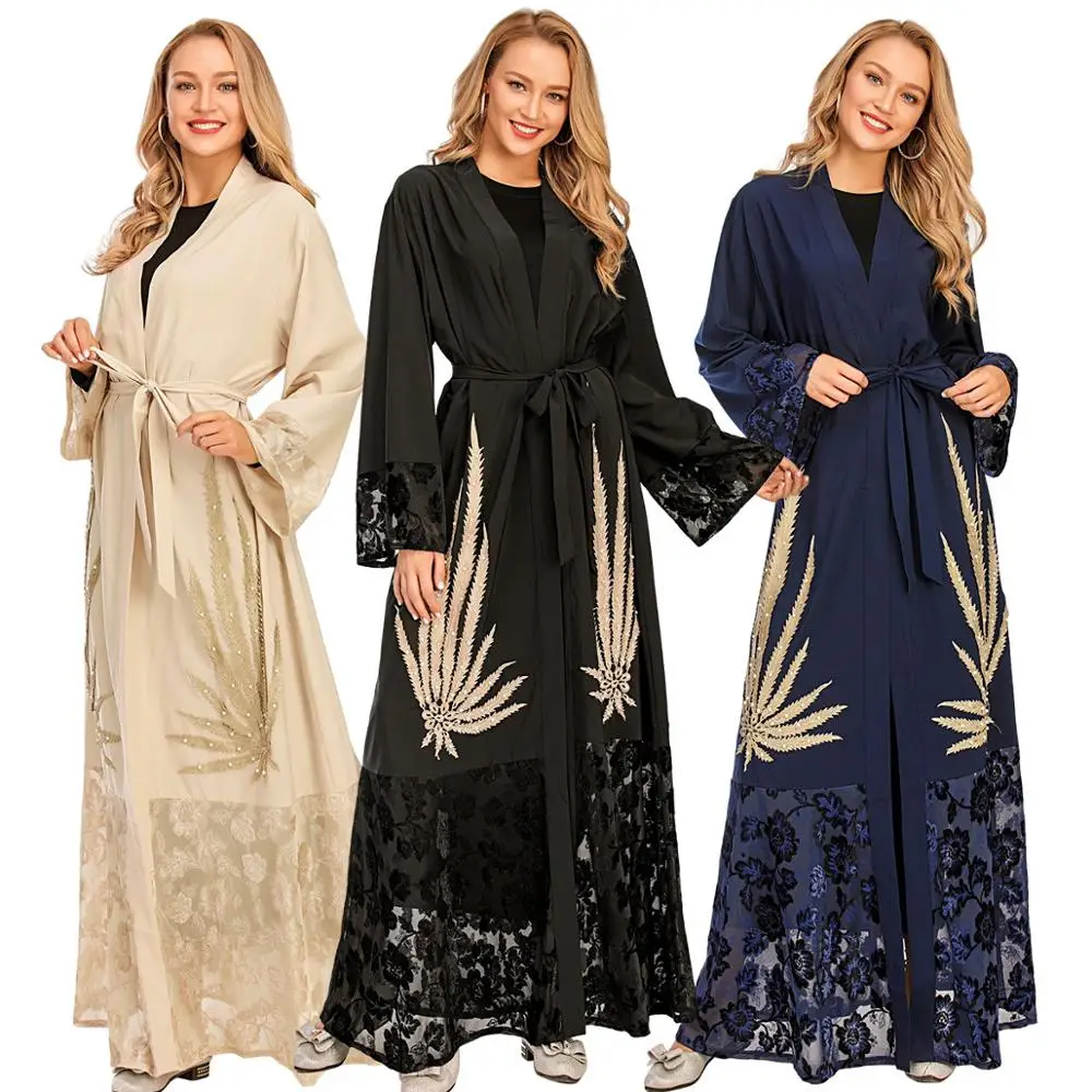 

Muslim Embroidery Abaya Lace Cardigan Dress Hijab Vestido Kimono Long Robe Gowns Tunic Jubah Ramadan Eid Arab Islamic Worship