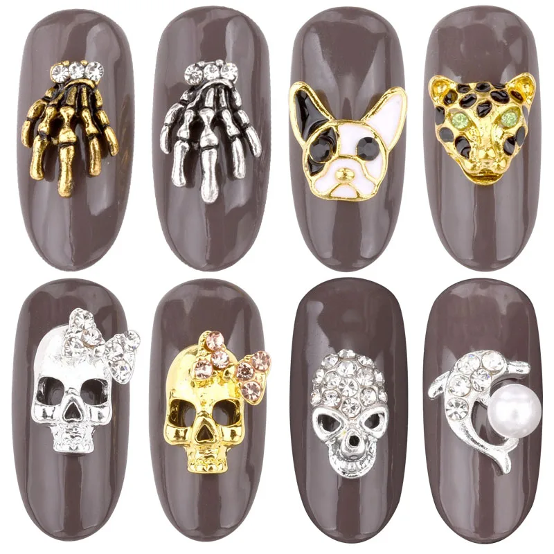 

10pcs3D старинная фотография Золотая и серебряная голова собаки голова леопарда череп стразы капающая масляная дизайнерская эффект украшение...