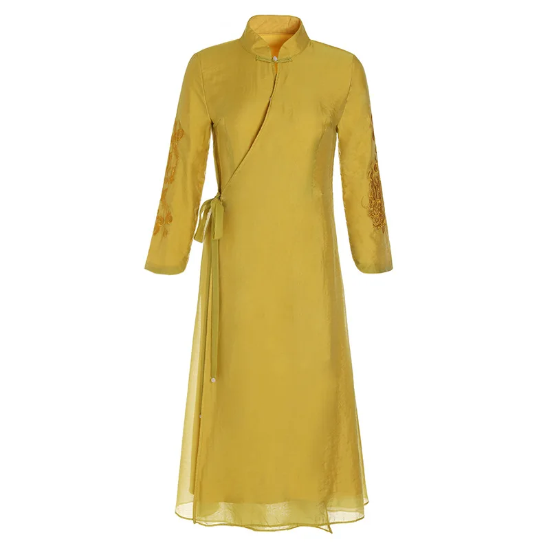 Новинка осени 2019 кружевное платье из тенсела с воротником стойкой|Женские