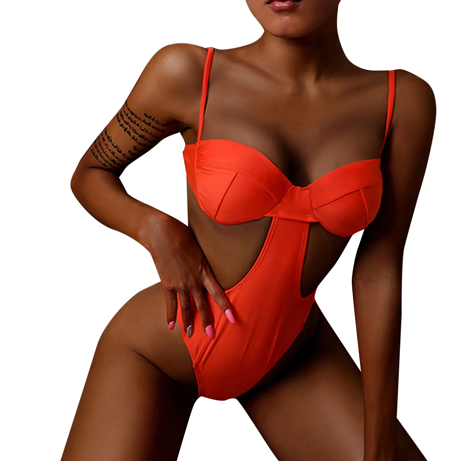 

Solid Sexy Swimwear New Women Print Belt Buckle One-piece Swimsuit Summer Hollow Out Bathing Suit Beachwear Bikinis 2021 Mujer