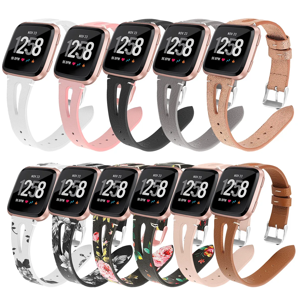 

Suitable for fitbit versa watch strap head layer cowhide perforated printed leather strap, for fitbit versa replacement strap