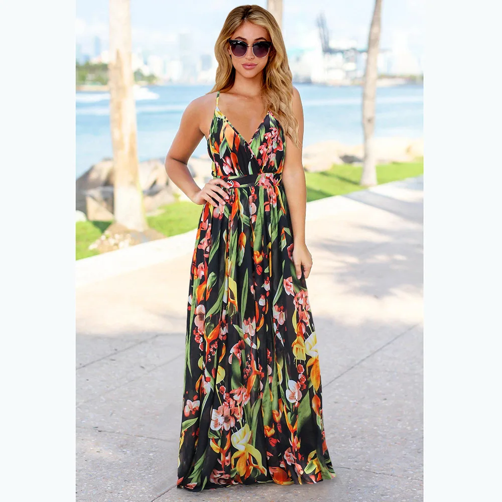 

Bohemian Floral Sling Dresses Women 2021 V-Neck Sleeveless Tunics Robe Femme Beach Style Elegant Maix Dress Temperament Vestidos