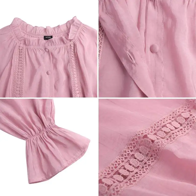 

Women Elegant Tops Casual Puff Sleeve Solid Color Lace Pleated Party Shirts 2021 VONDA Casual Long Sleeve Blouse Plus Size S-5XL