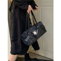 fashion women black motorcycle bag new lychee pattern design soft leather shoulder bag lady baguette underarm bag female handbag