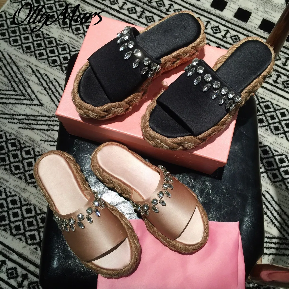 

Женские шлепанцы на платформе ollywalls, натуральная кожа, с кристаллами, круглый носок, обувь для увеличения роста