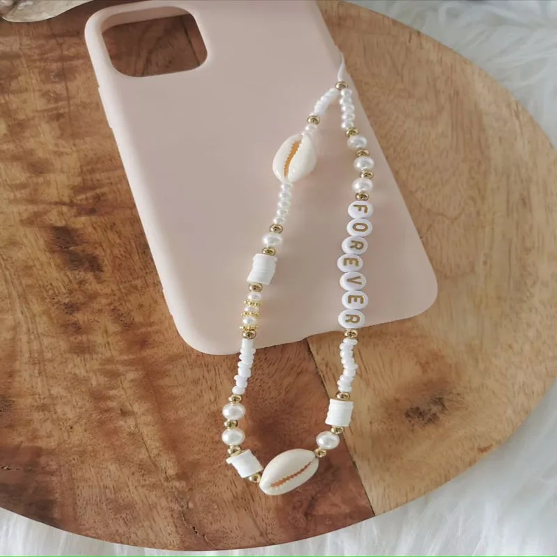 Bohemian Beach Imitation Pearl White Shell Beaded Mobile Phone Lanyard Star Letter Acrylic Beads Chain for Women Jewelry |