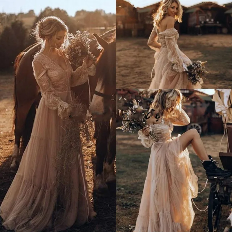 Vintage Country Western Wedding Dresses 2021 Lace Long Sleeve gypsy Striking Boho Bridal Gowns Hippie Style Abiti da spos