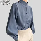 Рубашка женская однотонная с длинным рукавом-фонариком и воротником-стойкой, 2516 50