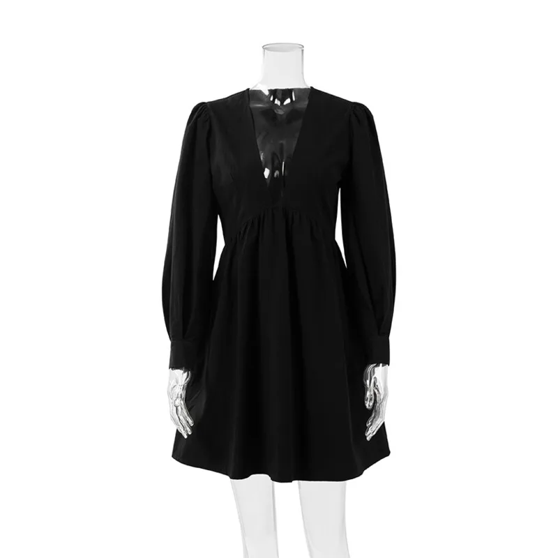 

Women's Early Autumn Women Nice Pop Bubble Sleeve Dress Deep V-neck Nine-quarter Sleeve Cotton Loose Sexy Mid-skirt Pop Fasion