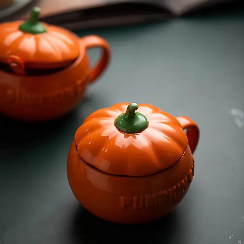 300ml/500ml Creative Pumpkin Coffee Mugs Ceramic Milk Cup with Lid Breakfast Oatmeal Yogurt Mug Funny Halloween Gift | Дом и сад