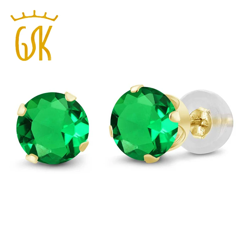 GemStoneKing модные обручальные серьги из желтого золота 14 к для женщин 1,54 карат круглые 6 мм зеленые нано изумрудные серьги-гвоздики