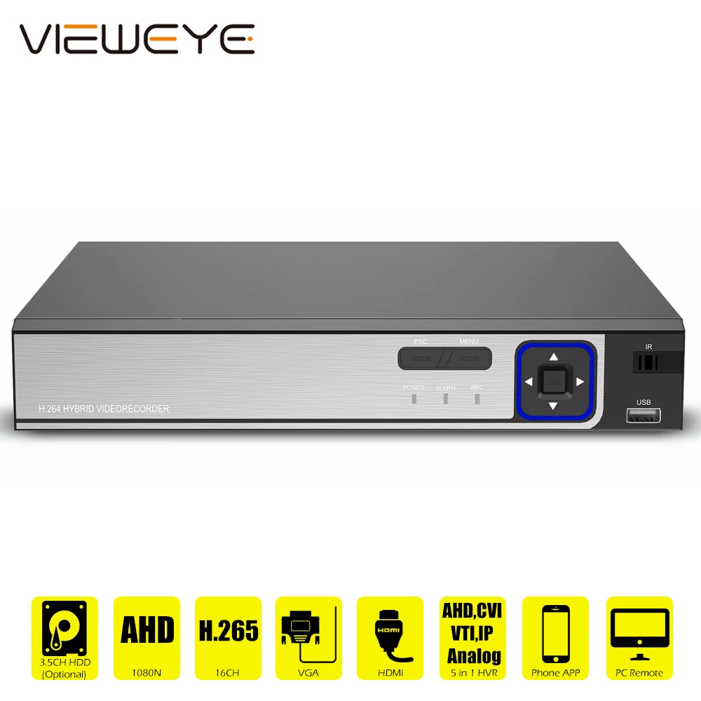 16 канальный видеорегистратор 16CH 1080N DVR NVR H.265 гибридный 6 в 1 для камеры TVI CVI CVBS AHD 1080P