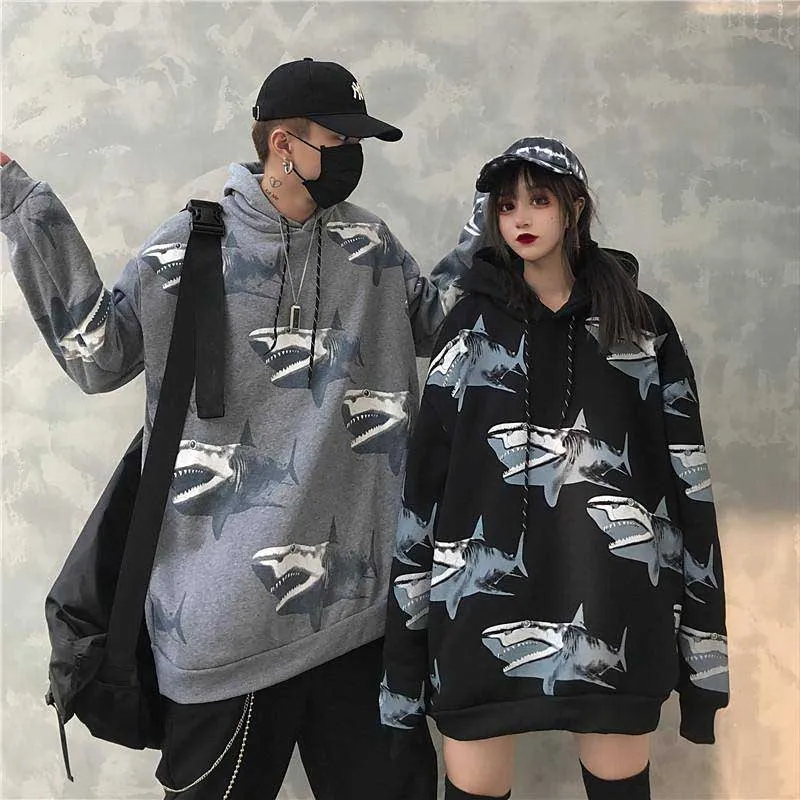 NiceMix Женская Зимняя коллекция, новая мода, ins, принт акулы, Harajuku, свободная повседневная бархатная куртка в стиле ретро в стиле хип-хоп, куртка с капюшоном