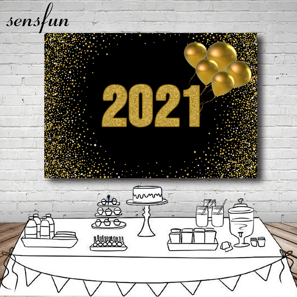 

Sensfun 2021 Happy New Year Backdrops For Photography Black Gold Glitter Balloons Fireworks Party Celebration Backgrounds Poster