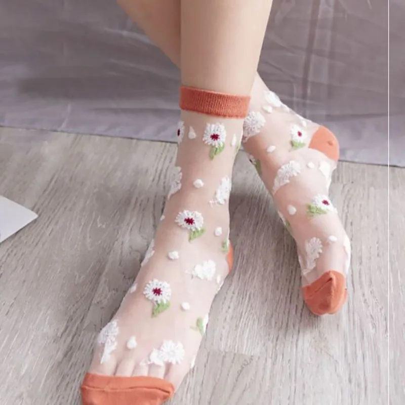 Silk Ultrathin Mid Tube Socks 1Pair Embroidered Flower for Women Transparent Breathable Summer Sock Nice Gift | Женская одежда
