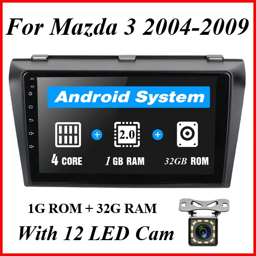Podofo 2 din " 2.5D Автомобильный мультимедийный плеер Android Радио стерео wifi gps четырехъядерный Авто аудио радио плеер для Mazda 3 2004-2009 - Цвет: 32G With 12 LED Cam