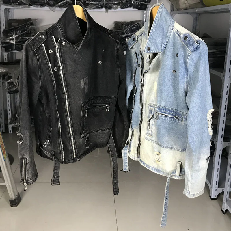 Куртка мужская рваная из денима модная уличная одежда в американском стиле