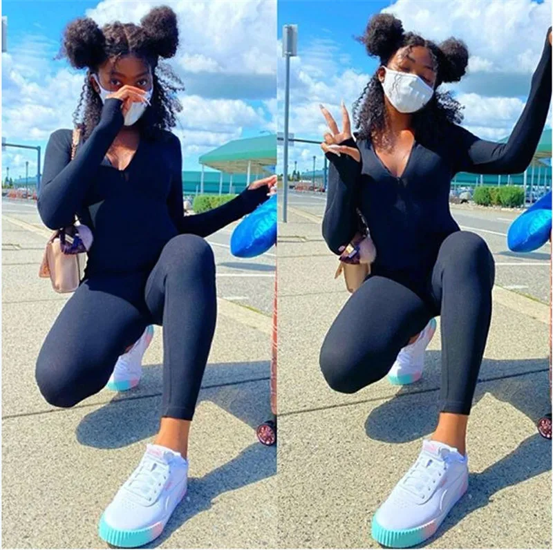 2020 New Style Women Solid Color One Piece Jumpsuit Ladies Zipper Front Long Sleeve Fitness Rompers Playsuits
