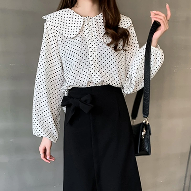 Women Elegant Blouse Long Sleeve Top Cartoon Dot Print Vintage Blouses Doll Collar Single-breasted Loose Clothing #25 | Женская одежда