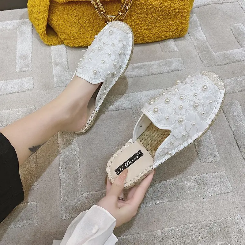 

Fashion Round Toe Women Mules Female Summer Flats Slip-on Holiday Ladies Floral Sandals Slides Mesh Shoes 2021