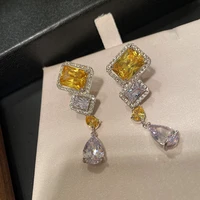 vintage palace crystal earrings micro set yellow stone square zircon s925 silver needle elegant banquet drop earrings for women