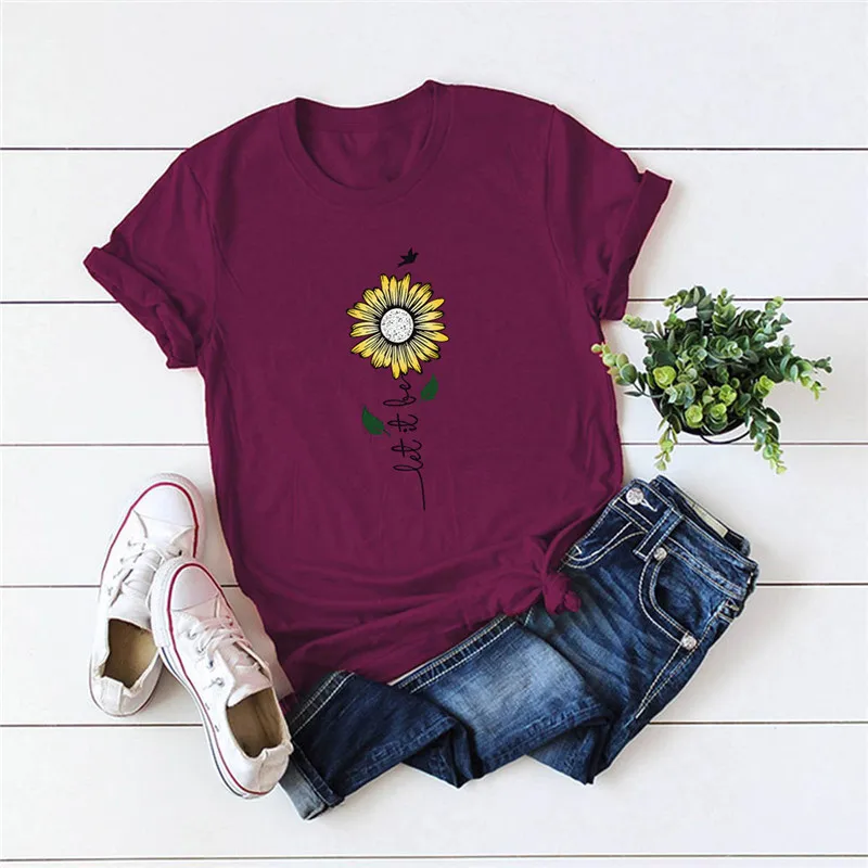 

Summer Plus Size TShirt Women Fasion Flower Print T Shirt 100%Cotton Women Shirts O Neck Short Sleeve Tees Streetwear Tops S-5XL
