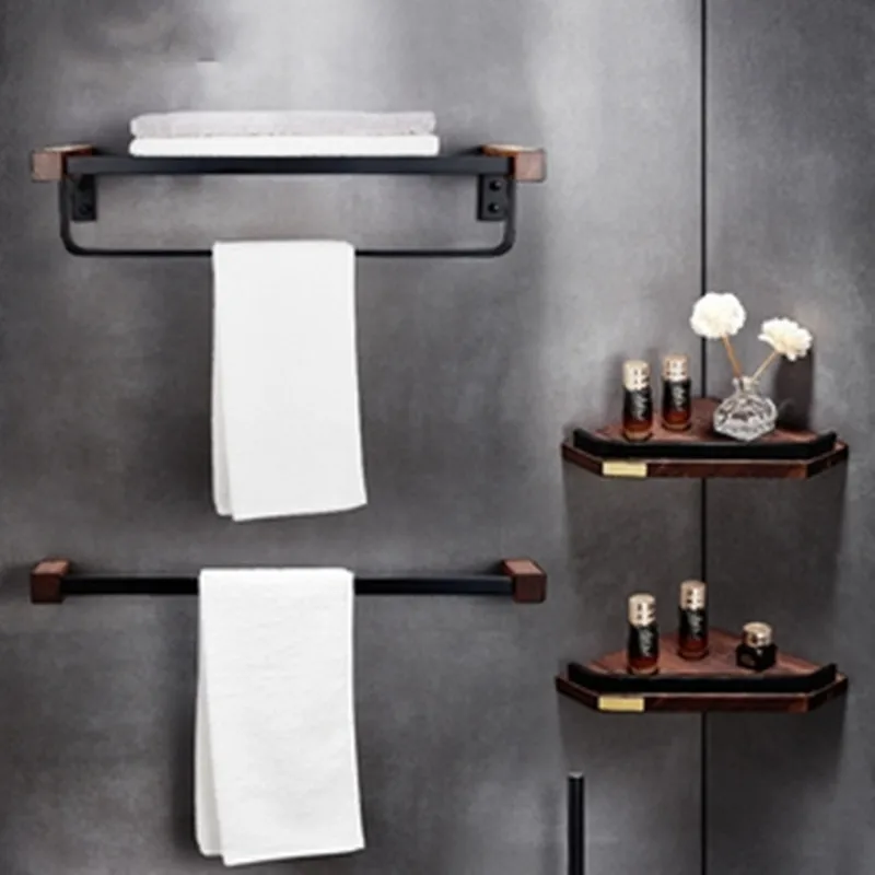

Bathroom Hardware Accessories Set Clothes Hanger Towel Bar Tissue Rack Toilet Brush Holder Corner Shelf Robe Hook Walnut&Brass
