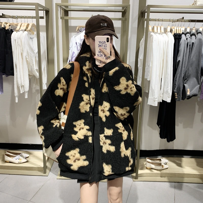 

Thickened Lamb Wool Coat for Women Autumn and Winter Wild 2020 New Loose Korean Style Long Sleeve Zipper Hooded Bear Hoodie