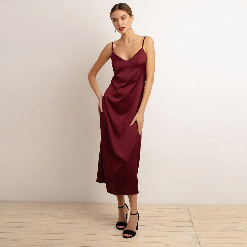 

Sexy V Neck Spaghetti Strap Stain Dress Women Backless Party Dress Spring Summer New Elegant Fashion Solid Streetwear Midi Dress