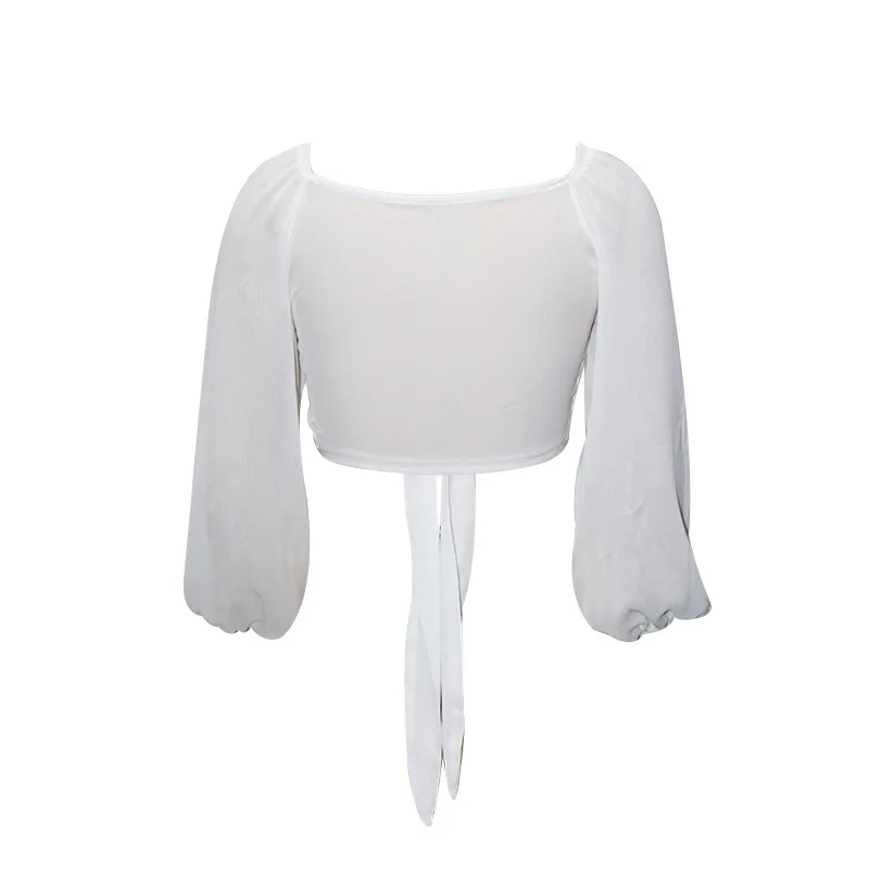 

LJCUIYAO Lantern Sleeve Shirts Women 2021 Summer Cotton Linen Crop Tops Tied Waist Elegant Blouses Black White V Neck Clothes