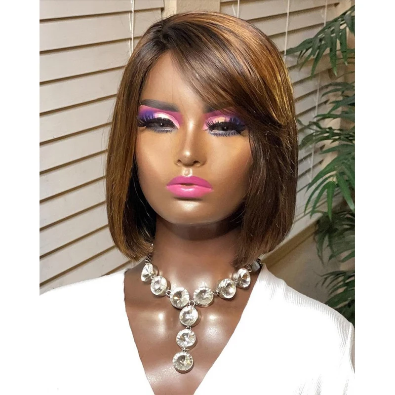 

Short Bob Brown Highlight Colored 13x6 Lace Front Indian Remy Human Hair Wigs Silky Straight Wig With Pre Plucked Hairline