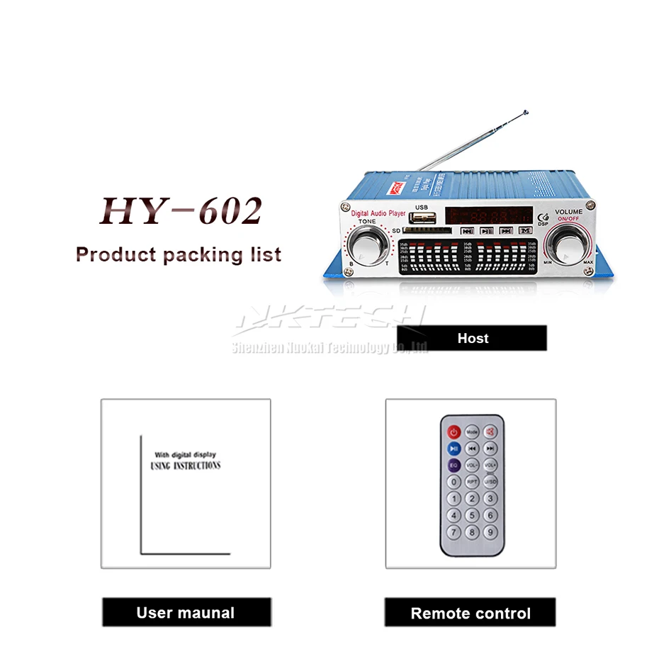 Blue-Without-Adapter NKTECH HY-602 Автомобильный цифровой плеер аудио усилитель мощности 2CH 20 Вт RMS DSP Hi-Fi стерео TF USB FM DVD MP3 ИК пульт дистанционного управления громкостью звука для дома - Цвет: Blue-Without-Adapter