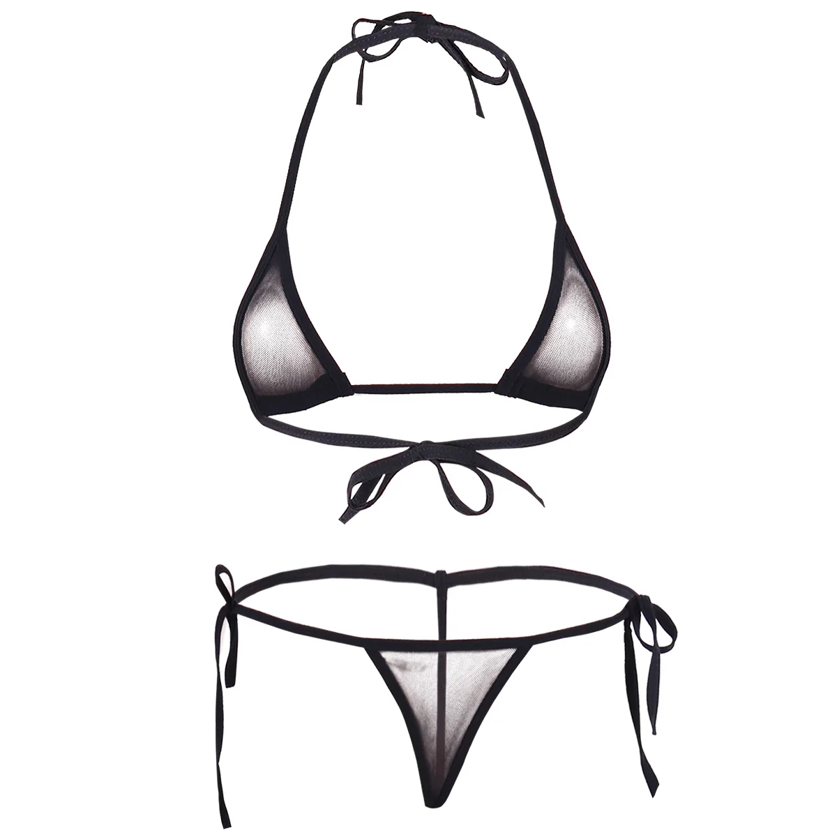 

Transparent Mesh Bikini Set Women's Extreme Halterneck Bikini Top and Tie Sides Micro Thong Sexy Holiday Summer Beach Bra Sets