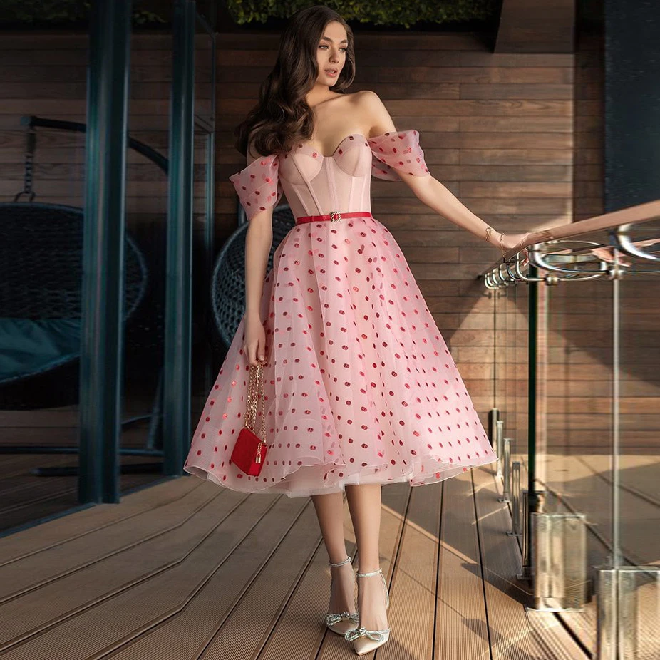 

Off-Shoulder Light Pink Prom Dress Wave Point Midi Long Evening Dresses Elegant Women Dress Ball Gown Birthday Dress Ever Pretty