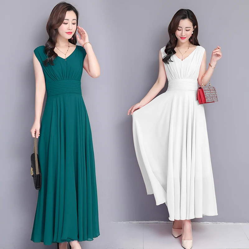 

Bohemian Solid Color Dress Long Sleeveless High Waist Noble Women Clothing 2019 Red Swing Show Thin Holiday Long Beach Dress
