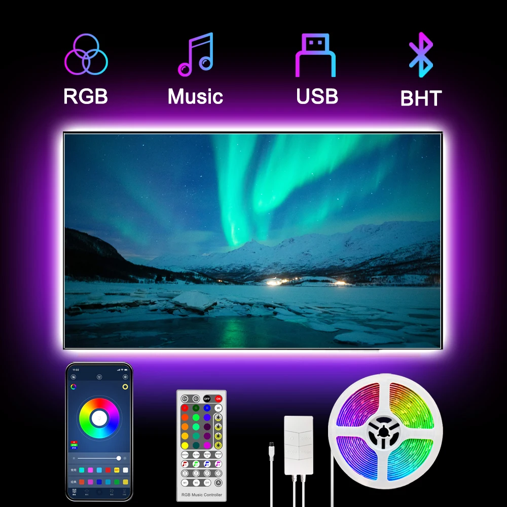

NEW Bluetooth 5050 LED Strip Light RGB Flexible Ribbon 3M 5V Tape Diode DC12V USB Remote Control Color Changing Light Strips TV