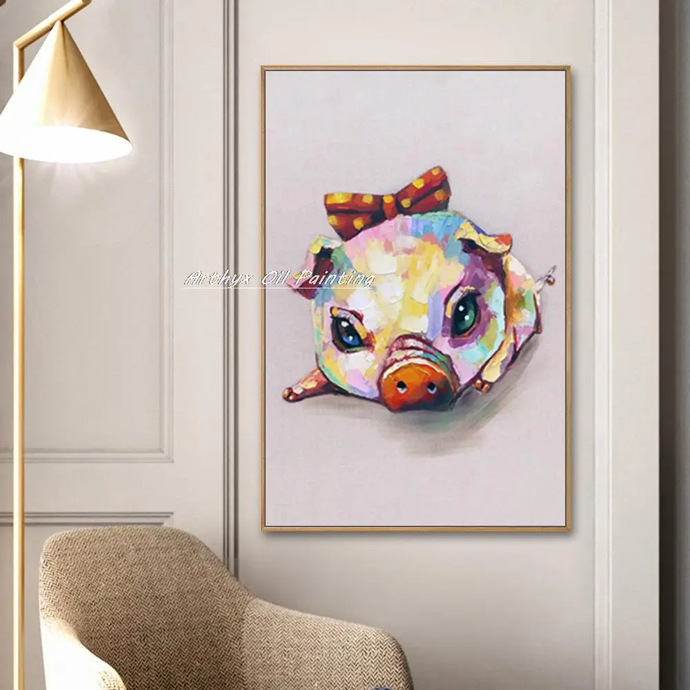 

Arthyx Large Hand Painted Piggy Animal Oil Painting On Canvas Modern Abstract Pop Art Wall Picture For Kids Room Home Decoration