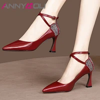 annymoli high heel women pumps real leather pointed toe fashion party shoes bling cross tied stiletto heels buckle footwear 40