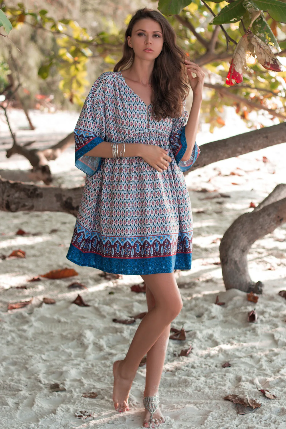 

Linglewei New Spring and Summer Women's Dress V-Neck Print Vintage Bohemian Casual Street trendsetter dress