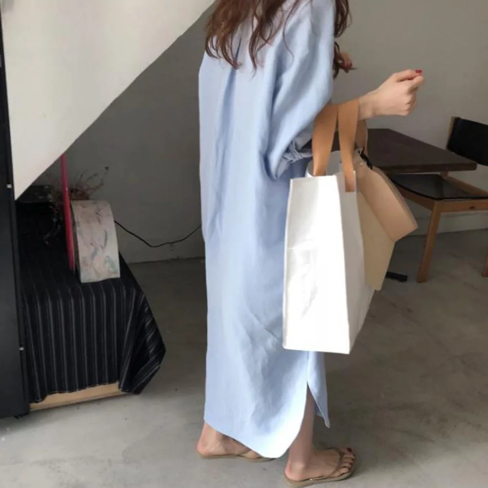 

Women Loose Shirt Dress 4XL 5XL Plus Size Dresses Summer Woman 2021 Female Casual Blue Long-Sleeved Cotton Linen Long Maxi Dress