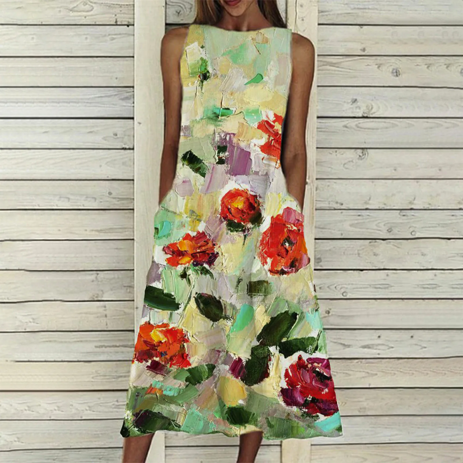 Женское платье с цветочным принтом свободное винтажное макси карманами круглым