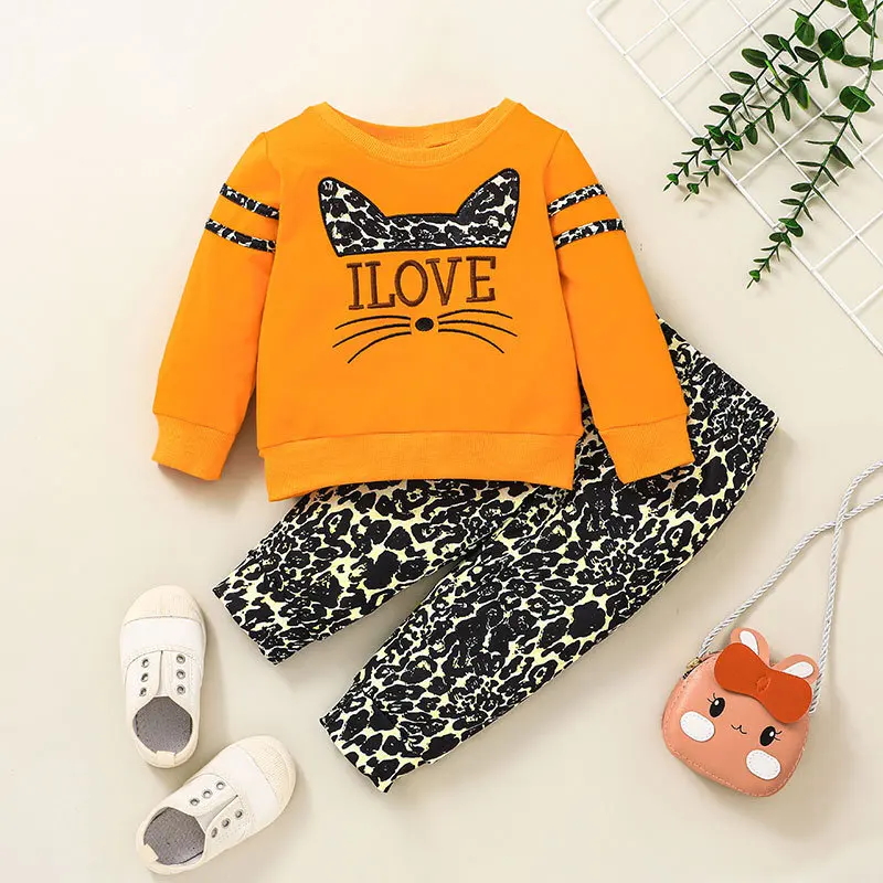 

2021 Winter Children Sets Casual Long Sleeve O Neck Print Cat Sweater Leopard Pants Cute 2Pcs Roupa Infantil Menina Clothes Sets