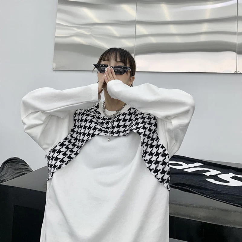 

Oversized Houndstooth Casual Sweatshirts 2021 Women Clothes High Stree Pullovers Simplicity Cozy All-match Sweatshirt 3XL 4XL