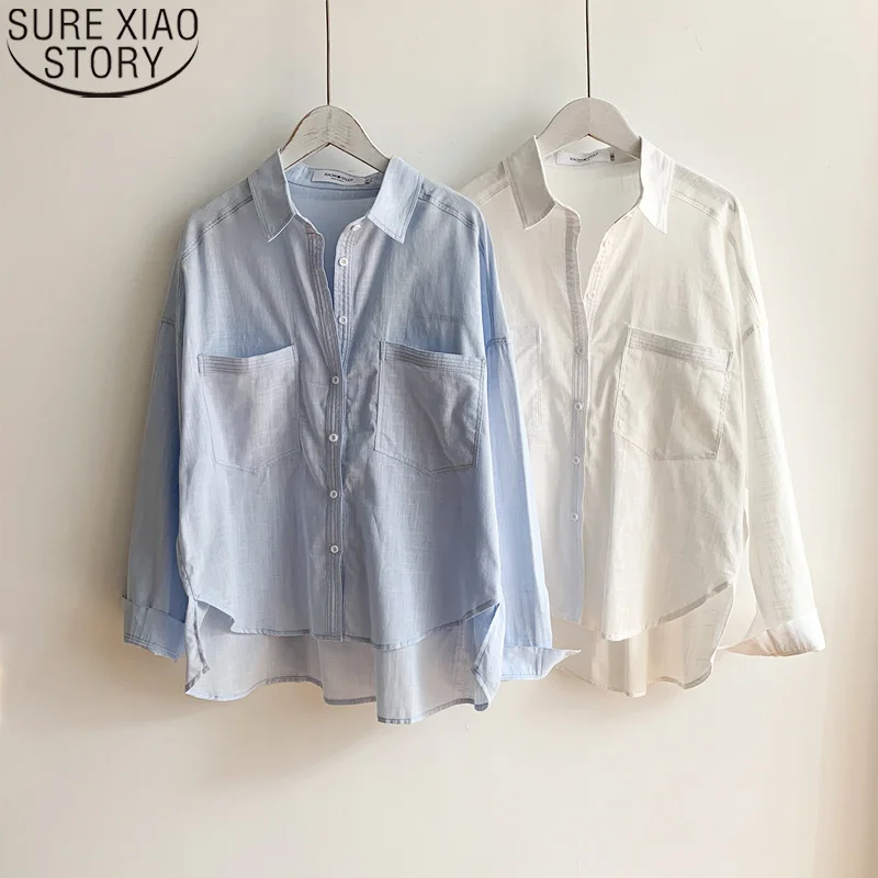 

Office Lady Blouses New White Shirts for Women Summer Autumn Turn-down Collar Double Pocket Cotton Linen Tops Mujer Shirt 16307